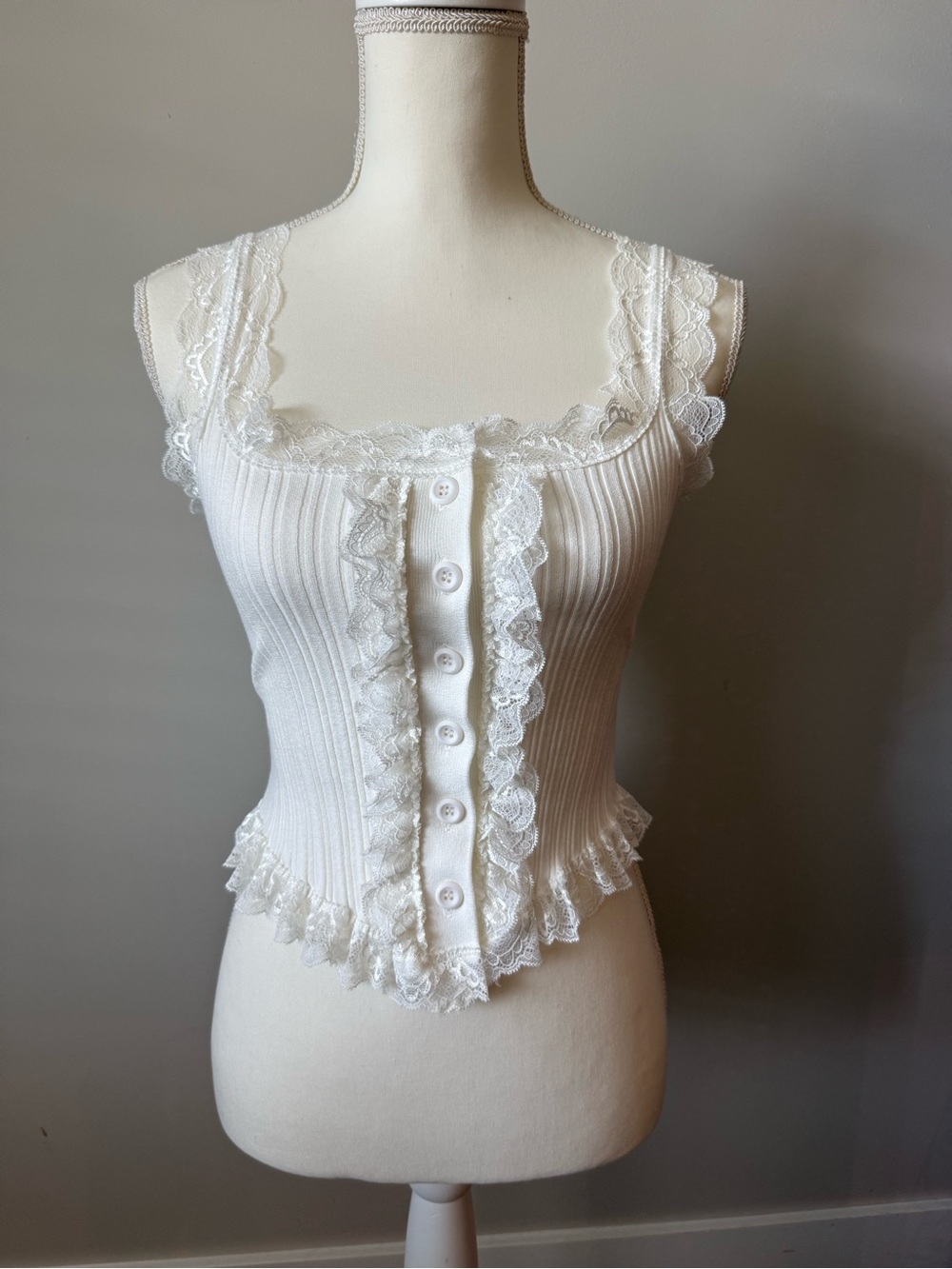 Lace-Trim Ribbed Button Front Tank Top - White
